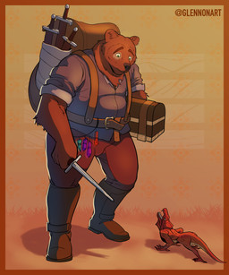 anthro backpack clothing dagger duo feral male melee_weapon size_difference weapon glennonart mythology bear dragon mammal mythological_creature mythological_scalie scalie 5:6 absurd_res hi_res
