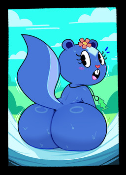 air_freshener anthro big_butt black_border black_eyes blue_body blue_fur blush bodily_fluids border bottom_heavy buckteeth butt cloud emanata eyelashes facial_markings female female_anthro flower_accessory flower_on_head forehead_markings fur head_markings huge_butt jewelry looking_at_viewer looking_back looking_back_at_viewer markings necklace nude open_mouth outside raised_tail rear_view sitting sky solo surprised sweat sweatdrop tail teeth somescrub happy_tree_friends petunia_(htf) mammal mephitid skunk absurd_res hi_res