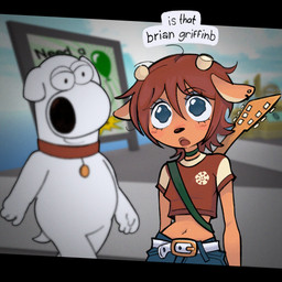 anthro balloon belt blue_eyeshadow blush bottomwear choker clothing collar crop_top denim denim_bottomwear denim_clothing dialogue duo electric_guitar eyelashes eyeshadow female guitar guitar_strap hair horn inflatable jeans jewelry lips makeup male misspelling musical_instrument navel necklace orange_body pants plucked_string_instrument red_hair shirt string_instrument text topwear walking watery_eyes white_body kangeldevil family_guy parappa_the_rapper sony_corporation sony_interactive_entertainment um_jammer_lammy brian_griffin lammy_lamb bovid canid canine canis caprine domestic_dog mammal sheep crossover english_text hi_res letterbox meme redraw