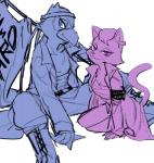 accessory anthro black_nose blue_eyes boots claws clothing duo female flags footwear hair headband jacket male purple_eyes shoes short_hair sitting smile text topwear tmgt26 nintendo star_fox falco_lombardi katt_monroe avian bird felid mammal 2017 english_text japanese_text