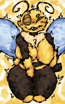 antennae_(anatomy) anthro arm_to_side arthropod_abdomen big_breasts blue_wings blush blush_lines bodily_fluids breasts compound_eyes featureless_breasts female fluffy hand_between_legs insect_wings masturbation neck_tuft sharp_teeth smile solo striped_body stripes sweat teeth thick_thighs trembling_for_pleasure tuft wings yellow_body scaliescum arthropod bee hymenopteran insect aliasing digital_media_(artwork) hi_res