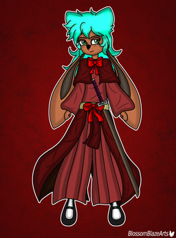accessory anthro blue_hair bow_tie clothing female footwear freckled_face freckles green_eyes hair long_ears long_hair looking_at_viewer melee_weapon scabbard shoes solo standing sword weapon blossomblaze hybrid lagomorph leporid mammal rabbit absurd_res hi_res