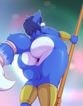 anthro big_butt bigdon1992 blue_body blue_fur blue_hair breasts bubble_butt butt canid canine clothing digital_media_(artwork) female fox fur hair hi_res huge_butt krystal_(star_fox) low-angle_view mammal mostly_nude nintendo rear_view solo star_fox thick_thighs white_body white_fur