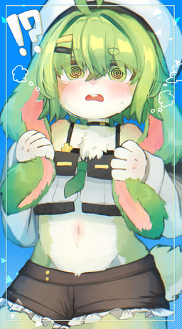 4_fingers accessory ahoge ambiguous_gender anthro bangs bare_shoulders belly_tuft blue_background blue_border blush blush_lines bodily_fluids border bottomwear breath buckteeth chest_tuft choker clothed clothed_ambiguous clothed_anthro clothing crotch_tuft exclamation_point eyebrows eyelashes fingers flat_chested fur glistening glistening_hair green_body green_eyes green_fur green_hair hair hair_accessory hairclip hat headgear headwear holding_both_ears holding_own_ears jewelry long_ears looking_at_viewer navel navel_tuft necklace nervous nub_tail open_mouth pink_inner_ear pose question_mark short_hair shorts side_bangs simple_background skimpy solo spiral spiral_eyes standing sweat sweatdrop tears teeth topwear tuft white_body white_fur young young_ambiguous young_anthro moke:3 vrchat matchabun_(eko_3d) lagomorph leporid mammal rabbit 2026 absurd_res colored detailed digital_drawing_(artwork) digital_media_(artwork) hi_res portrait shaded three-quarter_portrait