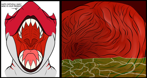 anthro bodily_fluids female first_person_view gills happy_birthday inside_stomach internals mouth_shot multicolored_body open_mouth oral_vore rugae sharp_teeth solo stomach_acid teeth text uvula vore dokudoku akai_(flightlesslizard) aquatic fish shark comic english_text hi_res