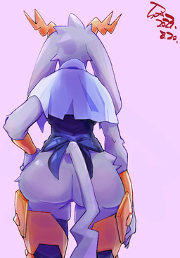 anthro antlers armor big_butt black_clothing black_topwear black_vest bottomless bottomless_female bracelet butt capelet clothed clothing female floppy_ears fur greaves grey_body grey_fur hand_on_hip horn jewelry legwear leotard long_ears long_tail pink_background rear_view simple_background solo tail thick_thighs thigh_highs topwear vest white_capelet white_clothing wide_hips sozglitch pseudoregalia sybil_(pseudoregalia) bovid caprine felid feline goat jackalope lagomorph leporid mammal rabbit 2023 dated half-length_portrait hi_res portrait signature