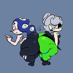 ass_to_ass big_butt black_bottomwear black_clothing black_dress black_eyes black_footwear black_pants black_shoes blue_eyebrows blue_hair blush bottomwear breasts butt butt_bump butt_squish clothing dress duo ear_piercing eyebrows eyelashes female footwear green_bottomwear green_clothing green_eyes green_pants grey_background grey_clothing grey_eyebrows grey_hair grey_topwear hair huge_butt humanoid_pointy_ears looking_at_another looking_back looking_back_at_another markings mole_(marking) not_furry pants piercing pointy_ears pseudo_hair shoes simple_background squish tan_body tan_ears tan_skin tentacle_hair tentacles thick_thighs topwear octoguy nintendo splatoon marie_(splatoon) shiver_(splatoon) animal_humanoid aquatic aquatic_humanoid cephalopod cephalopod_humanoid humanoid inkling mollusk mollusk_humanoid octarian octoling 1:1 2026 colored digital_media_(artwork) flat_colors