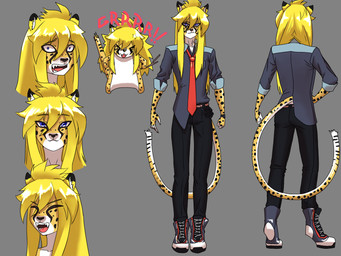 accessory anthro biped clothing collared_shirt dress_shirt fur grey_clothing grey_shirt grey_topwear male markings necktie red_necktie shirt solo tail tail_markings topwear yellow_body yellow_fur kayserend arion_oropelt cheetah felid feline humanoid mammal 4:3 alternate_version_at_source digital_drawing_(artwork) digital_media_(artwork) hi_res model_sheet