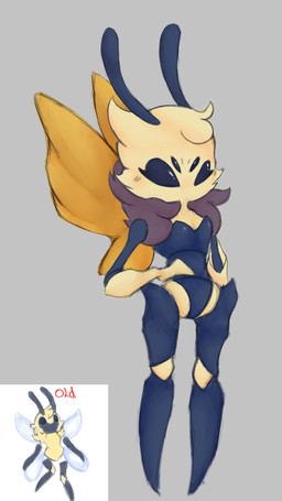 4_eyes antennae_(anatomy) female fluffy mouthless multi_eye neck_tuft solo tuft wings hoshi_kodomo hollow_knight_(franchise) team_cherry amberfly_(hoshikodomo) fan_character arthropod bee hymenopteran insect 9:16 hi_res reference_image