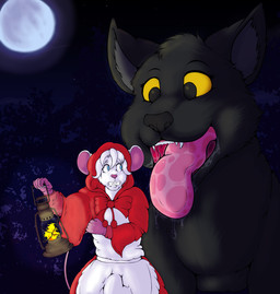 anthro black_body black_fur bodily_fluids clothed clothing cosplay crossdressing drooling drooling_tongue duo excited female feral fur happy imminent_vore lamp lantern light male male/female moon moonlight saliva saliva_string scared scared_expression scared_face size_difference smaller_male tail tongue tongue_out white_body white_fur dirk_aukea_(artist) b.b._hood dirk_aukea canid canine canis mammal mouse murid murine rodent wolf hi_res