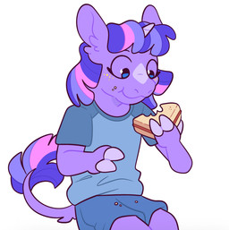anthro bottomwear clothing cloven_hooves crumbs crumbs_on_face eating female food freckles hooves horn pants sandwich_(food) shirt simple_background smile solo topwear angstyram friendship_is_magic hasbro my_little_pony mythology twilight_sparkle_(mlp) equid equine mammal mythological_creature mythological_equine unicorn hi_res