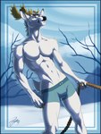 anthro antlers athletic athletic_anthro athletic_male clothed clothing fur horn male outside pecs plant rope snow solo tree underwear underwear_only white_body white_fur yellow_eyes feralise deer mammal 2021 3:4 hi_res portrait signature three-quarter_portrait