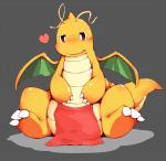 ambiguous_gender anthro biped blush brown_eyes claws feet grey_background heart_symbol looking_at_viewer open_mouth orange_body simple_background sitting solo tail wings kinoko mythology nintendo pokemon dragon dragonite generation_1_pokemon mythological_creature mythological_scalie pokemon_(species) scalie 2014