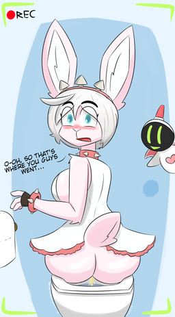 alternate_species anthro bathroom big_breasts big_butt blue_eyes blush bodily_fluids bottomwear breasts butt clothed clothing collar dialogue embarrassed female fingerless_gloves fur genital_fluids gloves hair handwear heart_symbol looking_at_viewer open_mouth partially_clothed peeing pink_body pink_fur raised_bottomwear raised_clothing raised_skirt recording simple_background sitting skirt solo spiked_collar spikes tail text toilet toilet_paper toilet_use topwear urine urine_stream watersports white_hair wide_hips notmypornaccount arc_system_works guilty_gear elphelt_valentine lagomorph leporid mammal rabbit 2025 absurd_res digital_media_(artwork) english_text hi_res