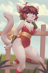 2022 accessory anthro bow_ribbon clawdia_dia clothing cloud collar cute_fangs domestic_cat felid feline felis female fence fighting_foodons hair_accessory hair_bow hair_ribbon leotard mammal miles_df neck_tuft resting_arm ribbons solo tail toeless_legwear tuft