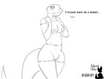 anthro begging blush breasts dialogue female genitals impregnation_request nipples non-mammal_breasts pussy slim solo tail text maxim_theos overlord_(series) crusch_lulu lizard lizardman lizardman_(overlord) reptile scalie 4:3 black_and_white english_text hi_res monochrome