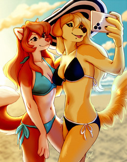 anthro beach bikini black_nose black_sclera blonde_hair blurred_background breasts brown_body brown_eyes brown_fur brown_hair cellphone cleavage clothed clothing cloud duo electronics facial_piercing female fluffy fluffy_tail fur hair lip_piercing long_hair markings mole_(marking) navel outside phone piercing pink_nose sea selfie side-tie_bikini skimpy sky smartphone smile string_bikini sunset swimwear tail two-piece_swimsuit water yellow_body yellow_eyes yellow_fur thelupinprincess bird_dog canid canine canis domestic_dog golden_retriever hunting_dog husky mammal nordic_sled_dog retriever siberian_husky spitz 2024 hi_res
