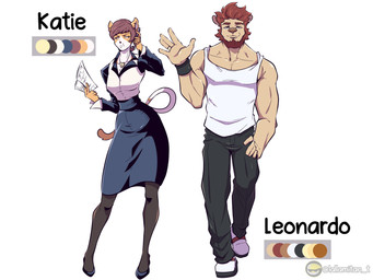 anthro clothing duo female hair male mature_female mature_male muscular muscular_male red_hair simple_background slim tail thin_legs thin_thighs lallamitan_t katie_(lallamitan_t) leonardo_(lallamitan_t) domestic_cat felid feline felis lion mammal pantherine absurd_res digital_media_(artwork) hi_res