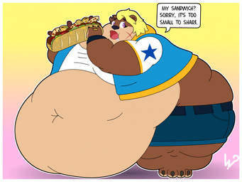 4_fingers 4_toes anthro belly belt big_belly big_breasts black_claws black_eyebrows black_nose blonde_hair bodily_fluids border bottomwear bracelet breasts brown_body brown_fur claws clothed clothing deep_navel digit_ring drooling eyebrows facial_scar feet female finger_ring fingers food fur hair holding_food holding_object huge_belly hyper hyper_belly jewelry morbidly_obese morbidly_obese_anthro morbidly_obese_female multicolored_body multicolored_fur navel obese obese_anthro obese_female open_mouth overweight overweight_anthro overweight_female purple_eyes red_tongue ring_(jewelry) saliva sandwich_(food) scar shirt shorts solo standing text toes tongue topwear white_border ginny_the_fat_bear bear brown_bear mammal ursine english_text hi_res