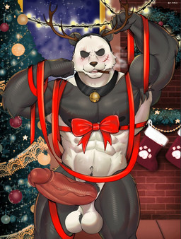 abs anthro balls biceps big_penis black_body black_fur cigar cigarette erection fake_antlers fake_horns fur genitals glans holidays male muscular muscular_anthro muscular_arms muscular_male navel nipples nude pecs penis pubes scar smoking smoking_cigarette solo vein veiny_penis white_body white_fur jirux beastars christmas gouhin_(beastars) bear giant_panda mammal