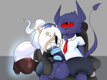 1_eye balls big_balls big_penis blush bottomless bottomless_female clothed clothing duo employee eyewear female female_penetrated genitals glasses hand_on_head humanoid_on_humanoid humanoid_penetrated humanoid_penetrating humanoid_penetrating_humanoid legwear long_tongue male male/female male_penetrating male_penetrating_female necktie not_furry oral oral_penetration penetration penis red_sclera sex sitting tail thick_thighs tongue tongue_wrapped_around_penis topwear workplace_sex maramurr krylon_(nylonhellhole) marra_(maramurr) ghost humanoid imp spirit 2023 hi_res