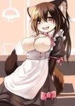 amber_eyes anthro apron bedroom_eyes blush bow_(feature) bow_dress bow_ribbon breastless_clothing breasts brown_body brown_fur brown_hair chest_tuft clothed clothing clothing_bow cute_fangs dress exposed_breasts eye_bags fangs featureless_breasts female fluffy fluffy_tail fur hair half-closed_eyes hands_behind_back inner_ear_fluff kemono long_hair looking_at_viewer maid_uniform monotone_apron monotone_clothing mottled narrowed_eyes neck_ribbon open_mouth piebald ribbons seductive solo standing striped_body striped_fur stripes tail teeth tuft uniform white_apron white_body white_clothing white_fur kagarimachi_ame nekotsuki_kohime calico_cat domestic_cat felid feline felis mammal 2019 hi_res