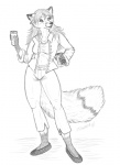 anthro beverage biped clothed clothing ear_piercing female food fully_clothed hair long_hair piercing simple_background solo standing tail topwear vest fareme goldenfox canid canine fox mammal 2008 full-length_portrait graphite_(artwork) greyscale monochrome portrait sketch traditional_media_(artwork)