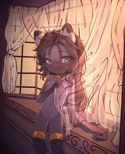 anthro bay_window bell bell_collar black_ear_tips black_hair blue_eyes blush brown_hair brown_tail_tip clothing collar curtains dipstick_ears dipstick_tail ear_markings female flat_chested fur genitals grey_body grey_fur hair legwear looking_at_viewer markings multicolored_ears nipples partially_covered pink_nose solo standing stockings tail tail_markings vulva window window_seat young young_anthro young_female fluffyusagii pepper_(kittyprint) siamese_cat absurd_res hi_res