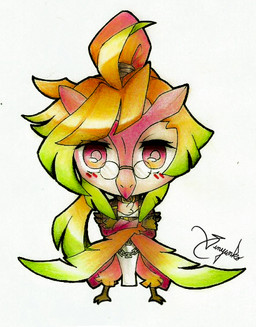ambiguous_gender anthro avian_feet beak chibi eyewear front_view glasses green_hair hair looking_at_viewer multicolored_hair orange_hair round_glasses simple_background solo two_tone_hair white_background vesper_art signature traditional_media_(artwork)