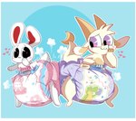 alphagatorz_(diaper) ambiguous_gender anthro biped black_eyes blue_background blush blush_lines border bunnyhopps_(diaper) butt_bump clean_diaper clothed clothing creature_print crescent_moon diaper diaper_bump diaper_puff duo front_view fur happy heart_symbol horn moon number oversized_diaper print_diaper purple_eyes simple_background tail tan_body wearing_diaper white_body white_border white_fur white_tail yellow_tail jupiters abuniverse alphagatorz bunnyhopps chikn_nuggit mythology fwench_fwy_(chikn_nuggit) iscream_(chikn_nuggit) alligator alligatorid crocodilian dragon lagomorph leporid mammal mythological_creature mythological_scalie rabbit reptile scalie 2022 hi_res