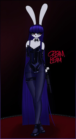 anthro bangs blunt_bangs bow_tie bulge bunny_costume clothed clothing costume crossdressing femboy gun handgun holding_gun holding_handgun holding_object holding_pistol holding_ranged_weapon holding_weapon latex latex_clothing legwear male pantyhose pistol ranged_weapon silencer solo weapon creambeam riley_(creambeam) lagomorph leporid mammal rabbit absurd_res hi_res