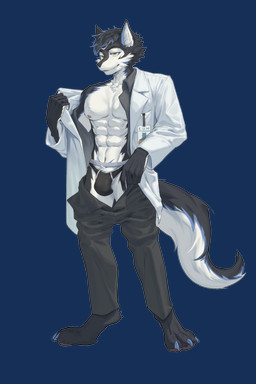 abs anthro arm_support barazoku black_body black_bottomwear black_clothing black_fur black_gloves black_handwear black_pants blue_claws blue_hair bottomwear briefs bulge claws clothing coat fluffy fluffy_tail fur gloves grey_body grey_fur hair hand_on_own_chest handpaw handwear id_card jockstrap lab_coat looking_at_viewer male multicolored_body multicolored_fur muscular muscular_anthro muscular_male navel nipples open_lab_coat pants pants_around_thighs pawpads paws pecs simple_background smile smirk smug solo tail topwear underwear white_background white_body white_fur white_lab_coat yellow_eyes whgui182897 thunderrangers archermagnum canid canine canis mammal wolf 2:3 absurd_res alpha_channel hi_res