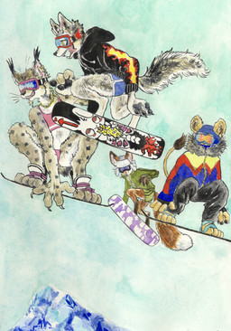 anthro bikini bottomwear brown_body brown_fur claws clothed clothing ear_piercing ear_ring eyewear feet female fur goggles group hoodie jacket male mane mountain open_mouth outside pawpads paws piercing ring_piercing smile snow snowboard snowboarding swimwear tail toes tongue topwear tuft two-piece_swimsuit yellow_eyes kyokyota canid canine canis felid feline fox lion lynx mammal pantherine wolf 2018 absurd_res hi_res painting_(artwork) traditional_media_(artwork) watercolor_(artwork)