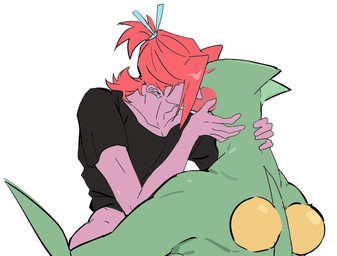 accessory anthro clothing duo ear_piercing ear_stud hair hair_accessory hair_tie holding_neck human_on_anthro interspecies kiss_on_lips kissing larger_male long_hair male male/male muscular muscular_male passionate_kiss piercing shirt simple_background size_difference tied_hair topwear white_background laiweitui nintendo pokemon a_mu_(laiweitui) fang_yuan_(laiweitui) pokemon_trainer generation_3_pokemon human mammal pokemon_(species) reptile scalie sceptile