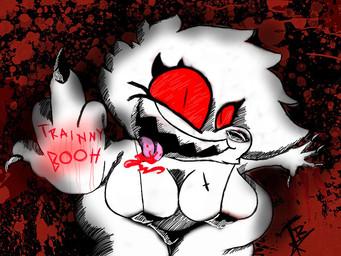 anthro black_nails blood bodily_fluids breasts clothing colored_nails cross eyelashes female fur gesture hair hand_gesture inverted_cross middle_finger nails red_eyes sharp_teeth tattoo teeth tongue underwear white_body white_fur white_hair lunnybunny19 trainny_(lunnybunny19) 4:3