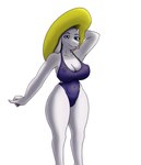 anthro big_breasts blue_eyes breasts clothing female hat headgear headwear horn navel nipples nude purple_one-piece_swimsuit small_horn solo sun_hat thick_thighs white_body wide_hipped_female wide_hips leondraw undertale undertale_(series) toriel bovid caprine goat mammal hi_res