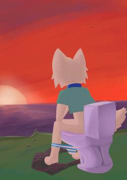 anthro bottomwear clothed clothing collar crop_top male panties panties_down partially_clothed scenery shirt skirt solo toilet topwear underwear underwear_down kecuxa canid canine mammal absurd_res hi_res meme