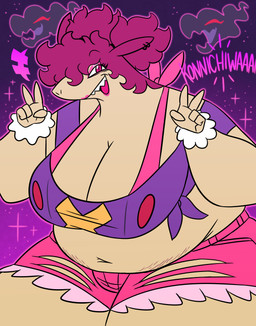 5_fingers anthro belly big_breasts bottomwear bra breasts cleavage clothed clothing daisy_dukes denim denim_bottomwear denim_clothing denim_shorts dialogue double_v_sign ear_piercing emanata eyebrow_through_hair eyebrows eyelashes eyeliner eyeshadow female fingers frilly frilly_clothing frilly_wristwear furgonomic_piercing furgonomics gesture greeting hair hand_gesture hotpants huge_breasts lipstick looking_at_viewer makeup messy_hair navel open_mouth overweight piercing pink_bottomwear pink_bra pink_clothing pink_lipstick pink_shorts pink_underwear pokemon_clothing ponytail purple_clothing purple_eyes purple_hair purple_shirt purple_topwear sharp_teeth shirt shorts solo sparkles star stretch_marks tan_body teeth text thick_thighs tied_shirt tongue topwear torn_bottomwear torn_clothing torn_shorts translucent translucent_hair underwear v_sign white_sclera wristwear nerdyreindeer nintendo pokemon aversa_(nerdyreindeer) badger generation_8_pokemon hisuian_form hisuian_typhlosion mammal mustelid musteline pokemon_(species) regional_form_(pokemon) spirit 2026 hi_res
