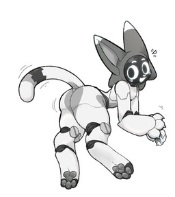 ambiguous_gender anthro black_body black_eyes blue_claws claws dipstick_ears dipstick_tail ear_markings eyebrows grey_body happy looking_back machine markings multicolored_body multicolored_ears open_mouth pawpads paws screen screen_face simple_background solo tail tail_markings whiskers white_background white_body white_eyebrows white_nose white_whiskers yong_yong_yeee kerfus bellabot domestic_cat felid feline felis mammal robot 2025 hi_res