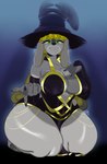 anthro armwear big_breasts breasts bridal_gauntlets cleavage clothed clothing curvy_figure female gesture green_eyes hat headgear headwear huge_breasts inviting kneeling looking_at_viewer magic_user solo thick_thighs voluptuous wide_hips witch witch_hat atotekio canid canine canis domestic_dog mammal absurd_res hi_res