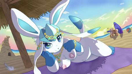 ambiguous_gender anthro anthro_focus beach big_breasts breasts duo feathers female female_focus feral fur jewelry sand_castle sculpture sea solo_focus sunset umbrella water white_body white_fur khallion nintendo pokemon canid canine eeveelution generation_1_pokemon generation_4_pokemon glaceon growlithe mammal pokemon_(species) 16:9 4k absurd_res hi_res widescreen