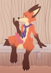 absurd_res animal_genitalia anthro balls beckoning canid canine crombie digital_media_(artwork) disney fox genitals gesture hi_res knot looking_at_viewer male mammal mostly_nude necktie nick_wilde penis red_fox shaded sitting solo true_fox zootopia