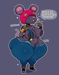 anthro big_breasts black_body breasts camel_toe cheese clothing dairy_products eating female food headgear headwear huge_breasts huge_hips huge_thighs overalls solo tail text thick_thighs wide_hips trz_lettuce brawl_stars supercell_(company) moe_(brawl_stars) mammal mouse murid murine rodent absurd_res hi_res spanish_text