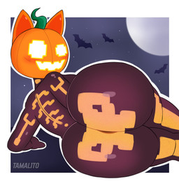 anthro big_breasts big_butt blush breasts butt clothing female food for_a_head fruit glowing glowing_eyes huge_butt jack-o'-lantern looking_at_viewer looking_back lying moon night plant pumpkin pumpkin_head rear_view simple_background smile solo thick_thighs white_eyes wide_hips tamalito epic_games fortnite spice_(fortnite) bat domestic_cat felid feline felis mammal object_head 2025 digital_media_(artwork) hi_res