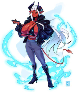 2_horns anthro big_breasts biped boots bottomwear bra breasts clothed clothing electronics eyelashes female footwear hair high_heeled_boots high_heels holding_object holding_phone horn huge_breasts jacket kneeling long_boots long_hair magic overflowing_breasts panties pants phone pupils red_body shoes smile solo spade_tail spell tail topwear underwear white_hair thehelmetguy lyla_(thehelmetguy) demon demon_humanoid humanoid 2024 hi_res