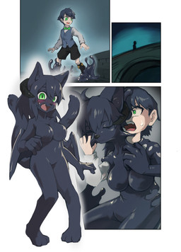 2_tails anthro black_body black_hair blue_clothing blue_shirt blue_topwear bodily_fluids breasts bridge clothing female forced forced_transformation gender_transformation goo_transformation green_bow green_eyes hair horn male mask_transformation mtf_transformation multi_tail shirt shocked solo sweat tail topwear transformation white_clothing white_shirt white_topwear shizumi_tsubasa ids_(user) demon_cat_(ids) domestic_cat felid feline felis human mammal hi_res