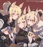 5_fingers blonde_hair blue_eyes blush bow_tie breasts clothing collar electronics female fingers fur group hair headgear headphones inner_ear_fluff leash ponytail smile tuft white_body white_fur kyou_039 arknights hypergryph studio_montagne blemishine_(arknights) nearl_(arknights) whislash_(arknights) animal_humanoid equid equid_humanoid equine equine_humanoid humanoid mammal mammal_humanoid 2020 hi_res aunt_(lore) aunt_and_niece_(lore) niece_(lore) sibling_(lore) sister_(lore) sisters_(lore)