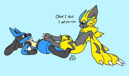3_toes animal_genitalia animal_penis anthro black_body black_fur blue_background blue_body blue_eyes blue_fur canine_genitalia canine_penis claws duo erection feet female foot_fetish foot_play footjob fur genitals grey_body looking_at_another lying male male/female on_back open_mouth paws penile penis red_eyes sex simple_background sitting smile tan_body tan_fur text toe_claws toes two-footed_footjob yellow_body yellow_fur scs nintendo pokemon canid canine generation_4_pokemon generation_7_pokemon legendary_pokemon lucario mammal pokemon_(species) zeraora 2020 dated digital_media_(artwork) english_text hi_res signature