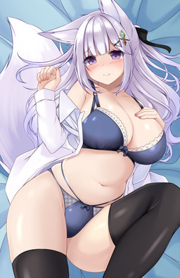 accessory bangs big_breasts blush bra breasts clothed clothing female grey_hair hair hair_accessory hair_ribbon hand_on_breast legwear navel open_clothing open_shirt open_topwear panties purple_eyes ribbons shirt smile solo thigh_highs topwear underwear sogaya animal_humanoid canid canid_humanoid canine canine_humanoid fox_humanoid humanoid mammal mammal_humanoid 2022 hi_res