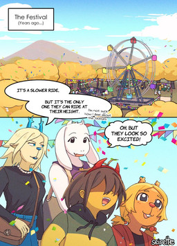 amusement_ride anthro antlers autumn black_eyes blonde_hair blue_eyes breasts brown_hair buckteeth cloud confetti dialogue eyelashes eyeless fake_horns female ferris_wheel freckles fur gem group hair horn jewelry male necklace open_mouth orange_body pearl_(gem) pearl_necklace plant sky speech_bubble tan_body teeth text tongue tree white_body white_fur yellow_body young young_anthro seirette deltarune undertale_(series) carol_holiday kris_(deltarune) noelle_holiday toriel boss_monster_(undertale) bovid caprine cervine deer human mammal 2025 comic english_text signature